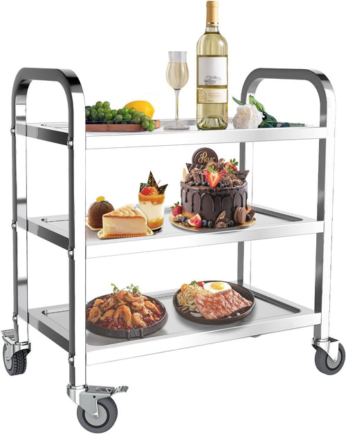3 Tier Stainless Steel Kitchen Trolley Cart on Wheels Lockable Cart
