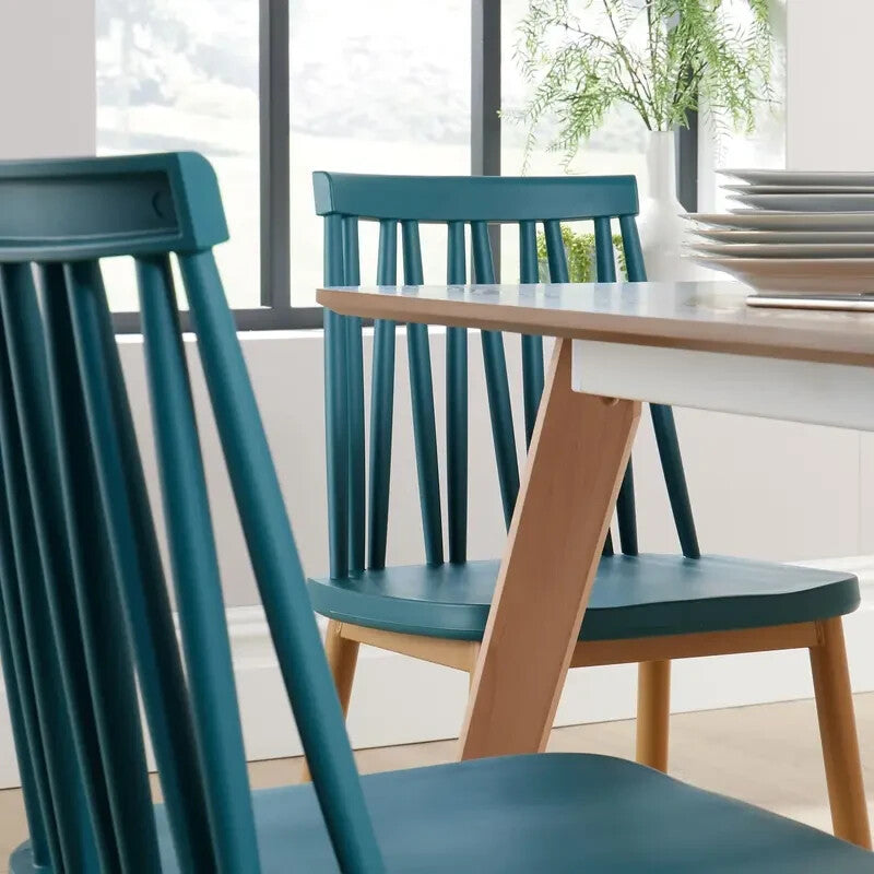 4 Seater Dining Table Set Beech Legs Oak Veneer Top & Teal Pattern Chairs