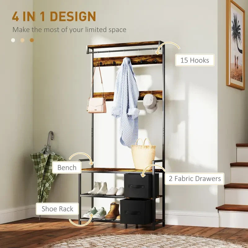 Rustic Coat Rack Bench with Hooks & Drawers – Hallway Storage Stand