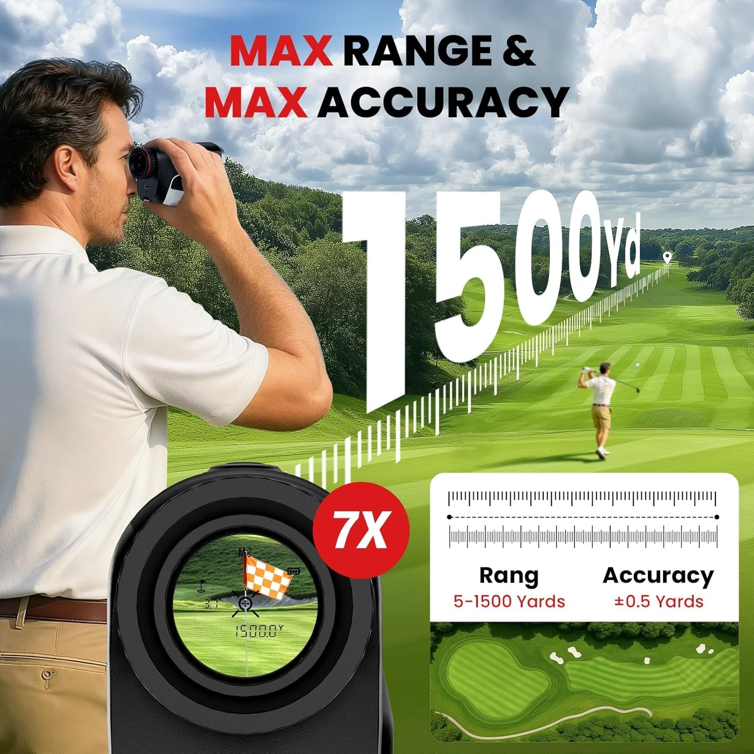Golf Laser Rangefinder 1500 Yards Slope Flag Lock 7X Magnification