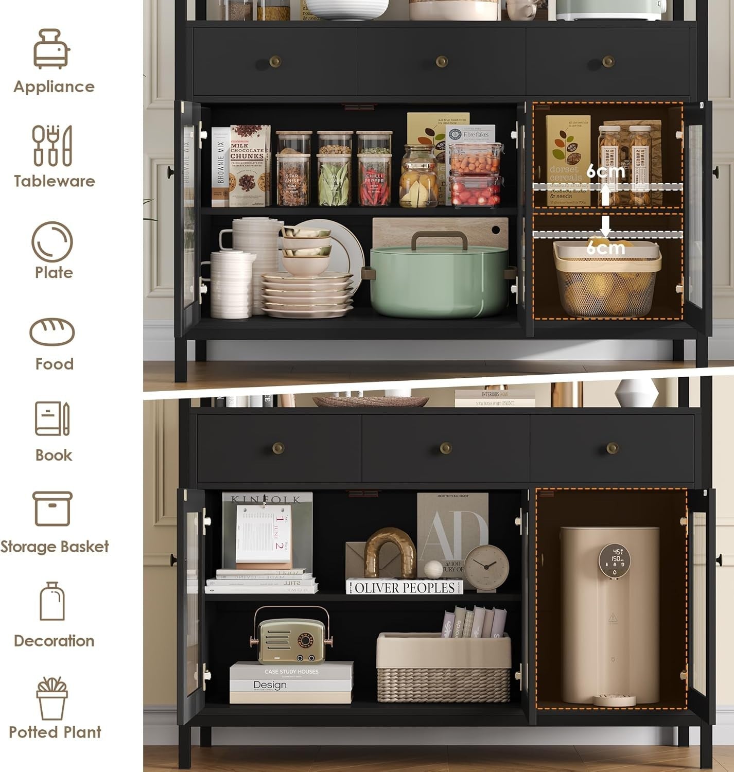 Modern Black Sideboard Cabinet with Glass Doors, Drawers, Adjustable Shelves
