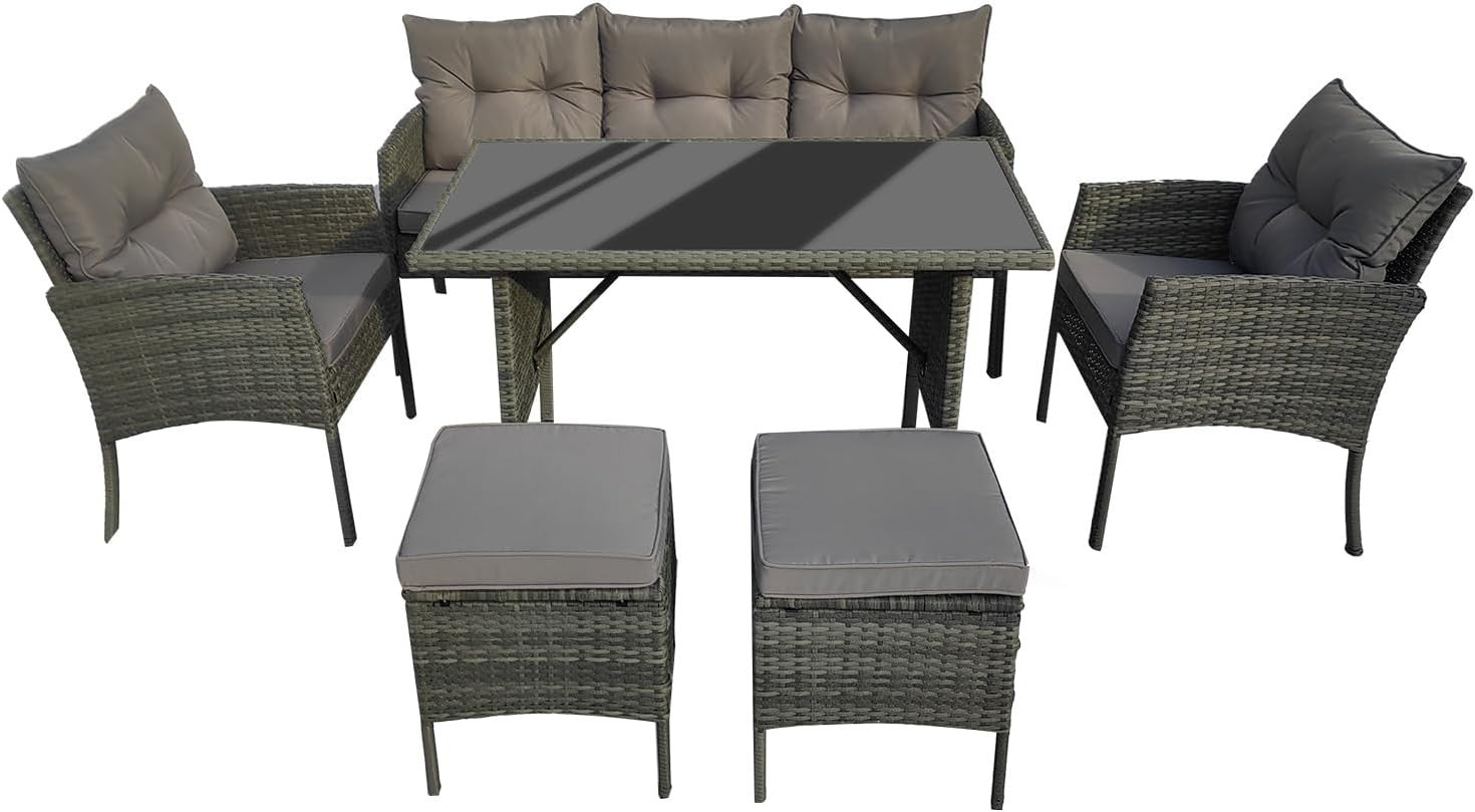 6 Seater Rattan Garden Furniture Set with Cushions Grey Outdoor Sofa Table