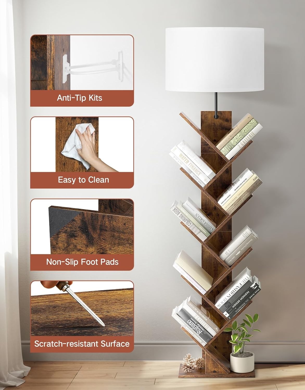 Tree Bookshelf Floor Lamp 9 Tier Wooden Bookcase Light Remote Dimmable