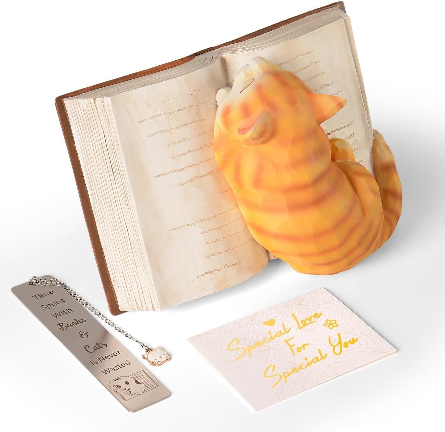 Sleeping Cat Ornament on Book with Bookmark Gift | Cute Cat Figurine Home Decor