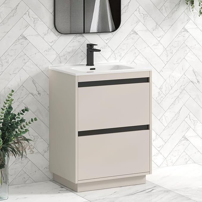 600mm Beige Floor Standing Vanity Unit with Basin Sink 2 Drawer Cabinet Modern