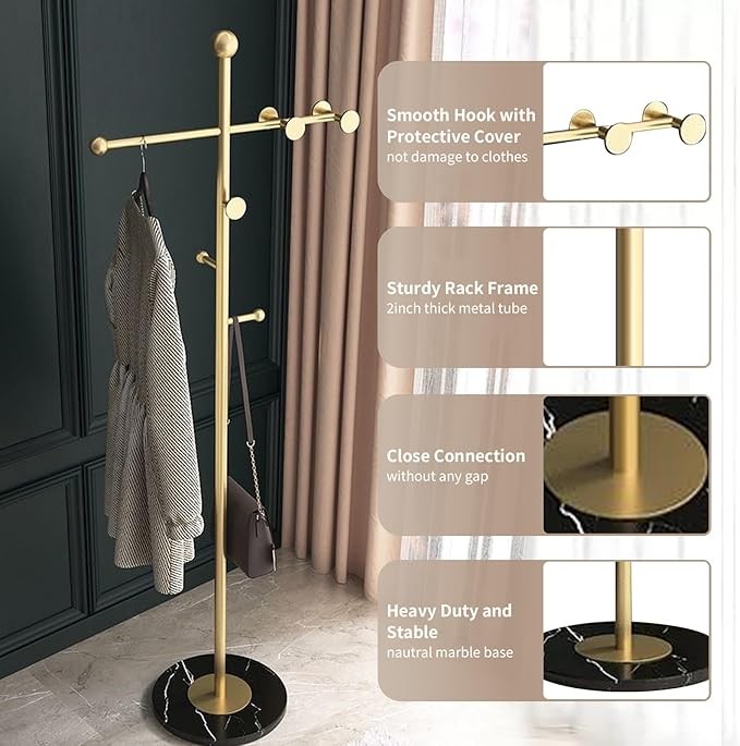 Luxury Gold T-Shaped Coat Rack Metal Stand with Marble Base & 8 Hooks Home