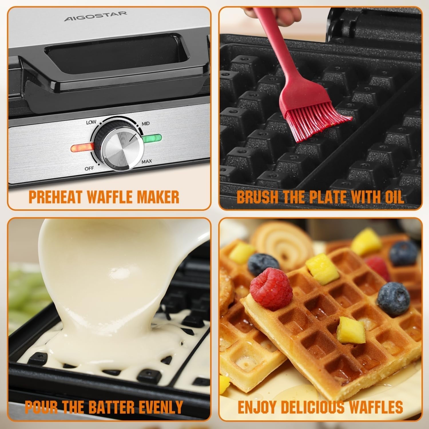 Deep Fill Waffle Maker 1600W Non-Stick Adjustable Temperature