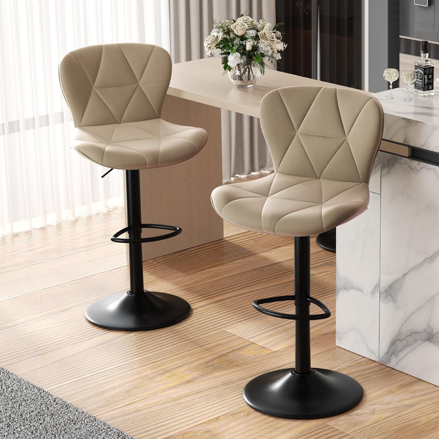 Adjustable Swivel Bar Stools Set of 2 Faux Leather Counter Height Khaki