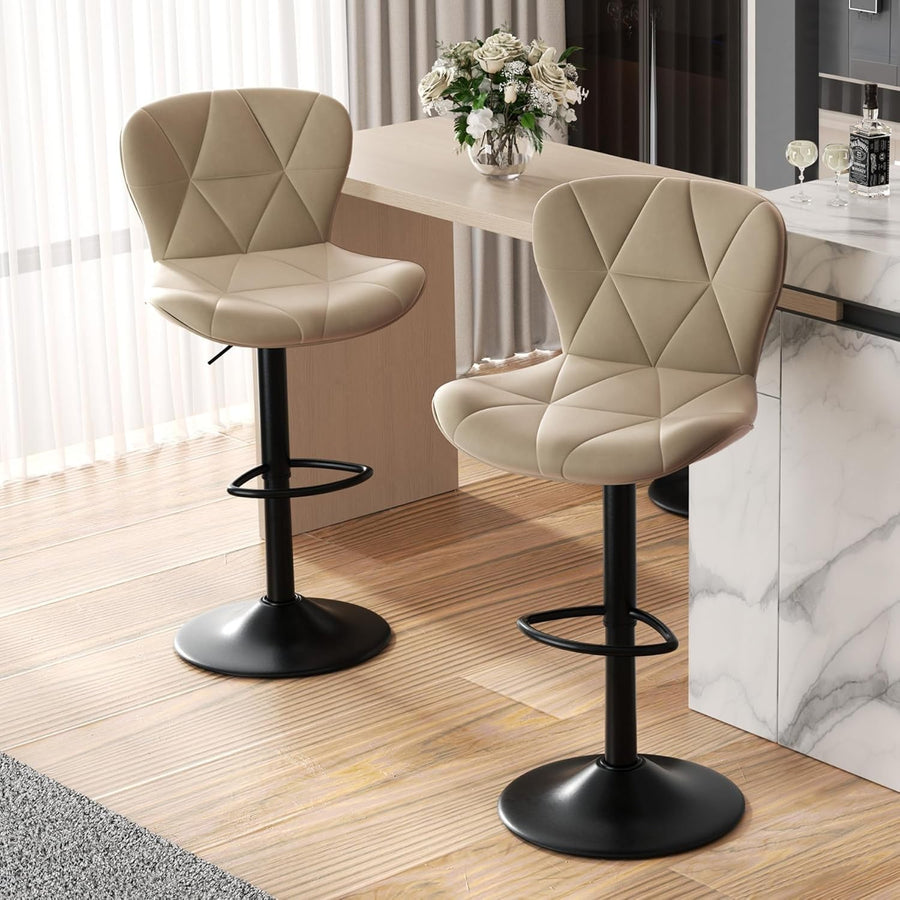 Adjustable Swivel Bar Stools Set of 2 Faux Leather Counter Height Khaki