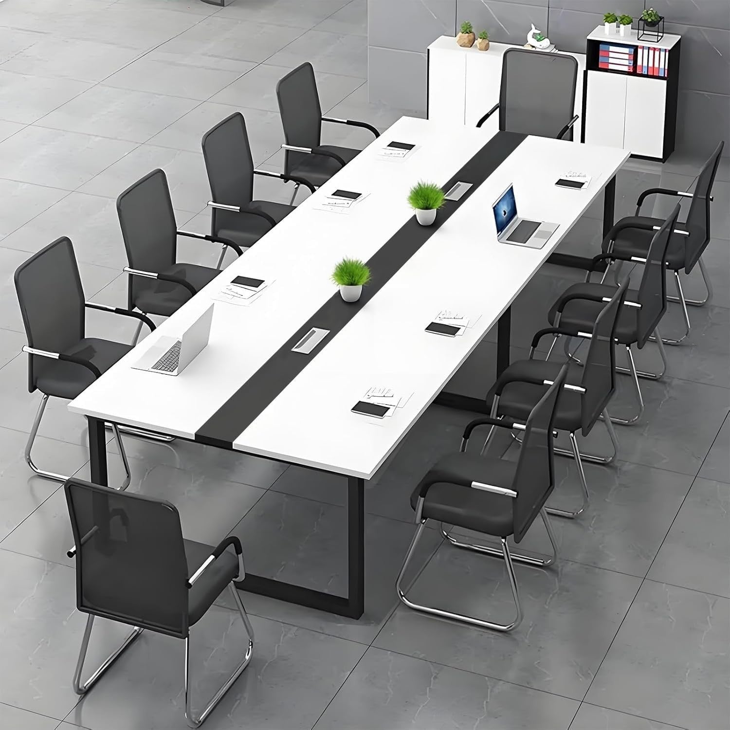180x60cm White/Black Office Meeting Table w/ Cable Ports + Adjustable Feet