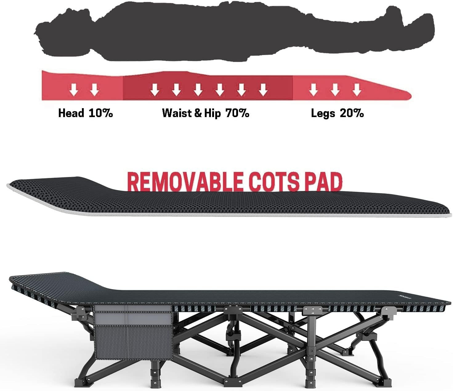 Heavy Duty Folding Camp Bed with Cushion | 450lbs Support Outdoor Cot