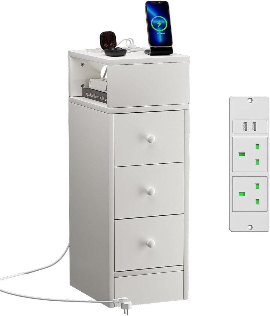 Slim White 3 Drawer Bedside Table with Charging Station | Modern Bedroom Storage