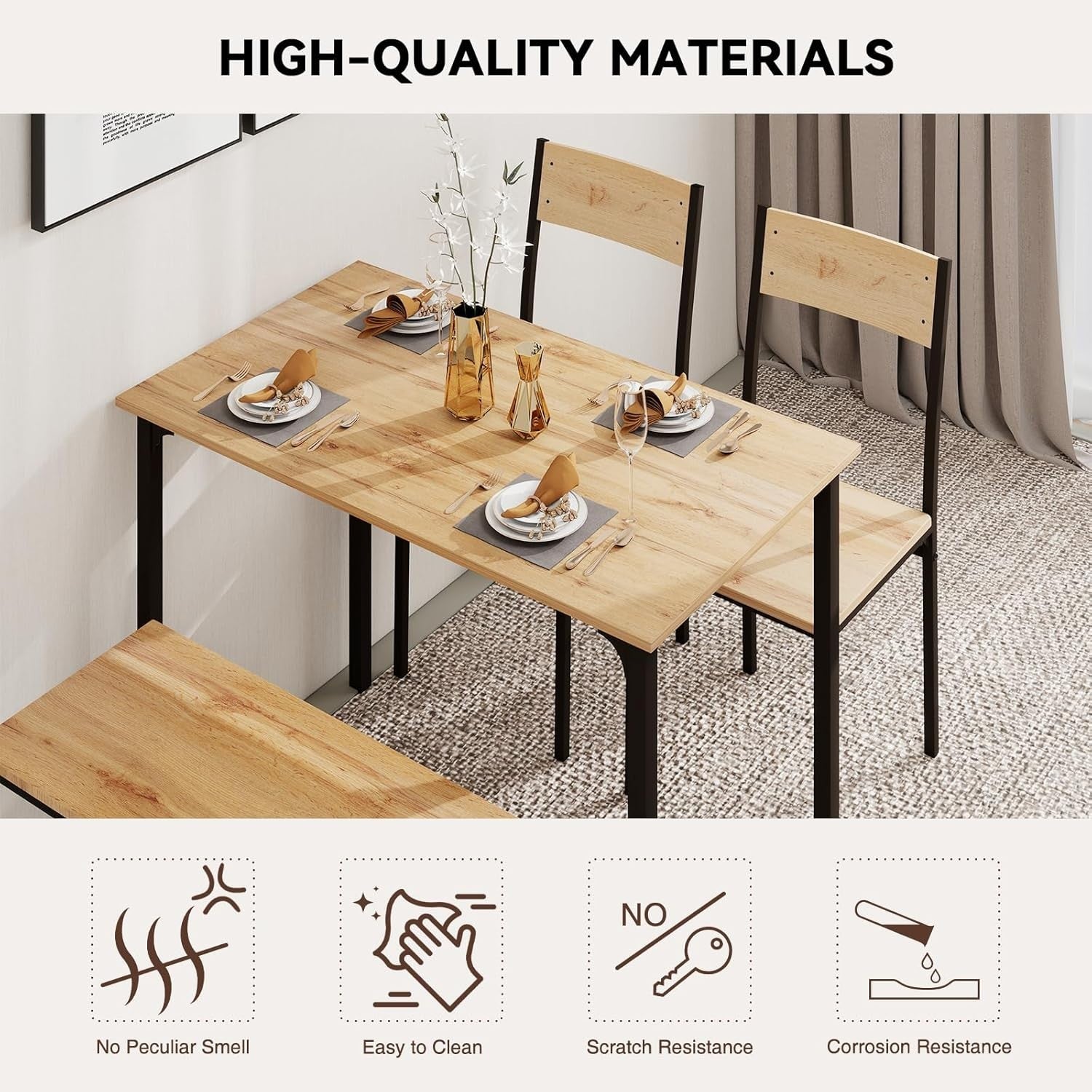 Oak Dining Table Set with 2 Chairs & Bench | Space-Saving, Modern Design