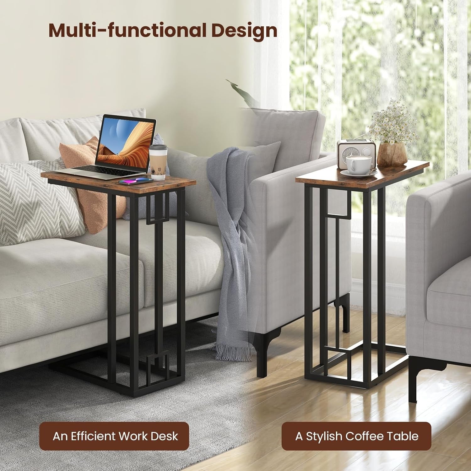 Slim Industrial C-Shaped Side Table with Storage Shelf for Sofa Bed Laptop