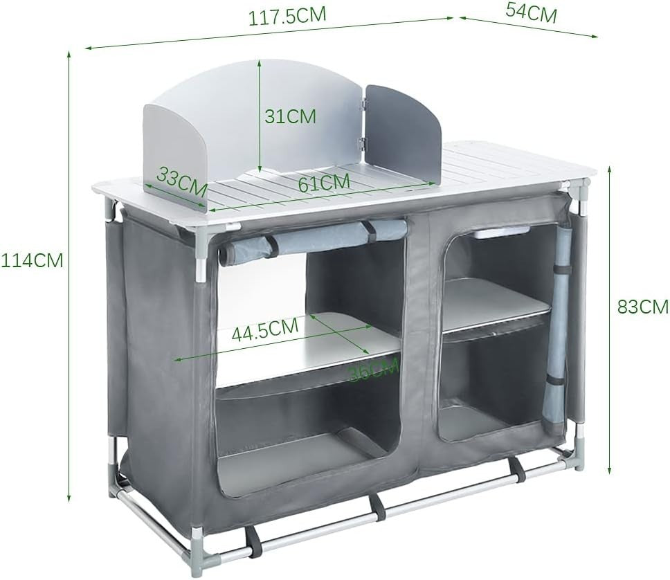 Outdoor Folding Camping Kitchen Table with Storage & Windproof Design Grey