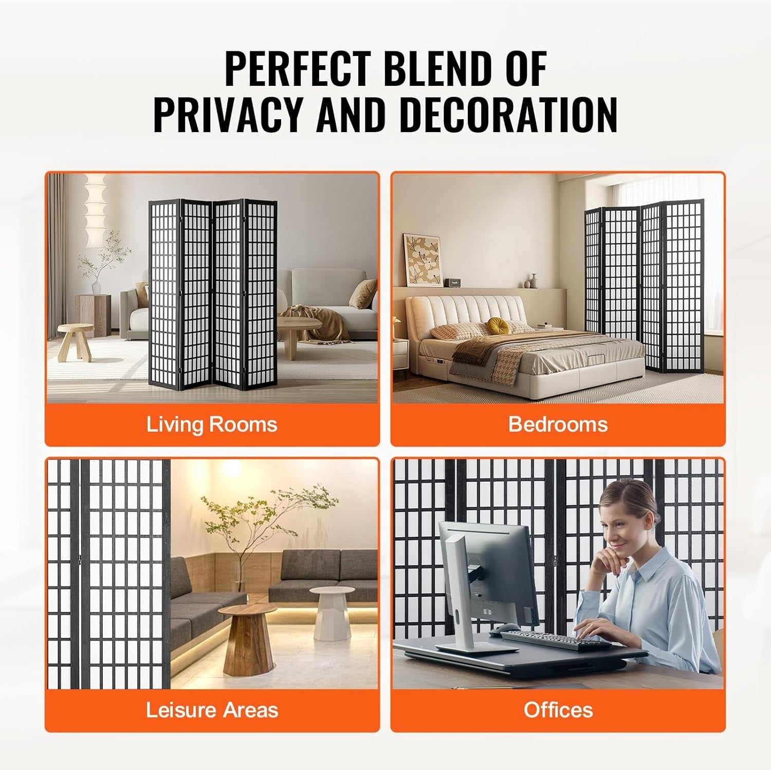 4 Panel Japanese Folding Room Divider Black Wood Privacy Screen 162x170cm