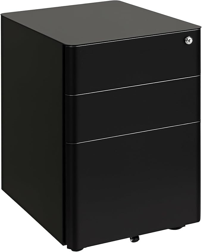 Black 3 Drawer Mobile Filing Cabinet Lockable Steel A4 Letter Office Storage
