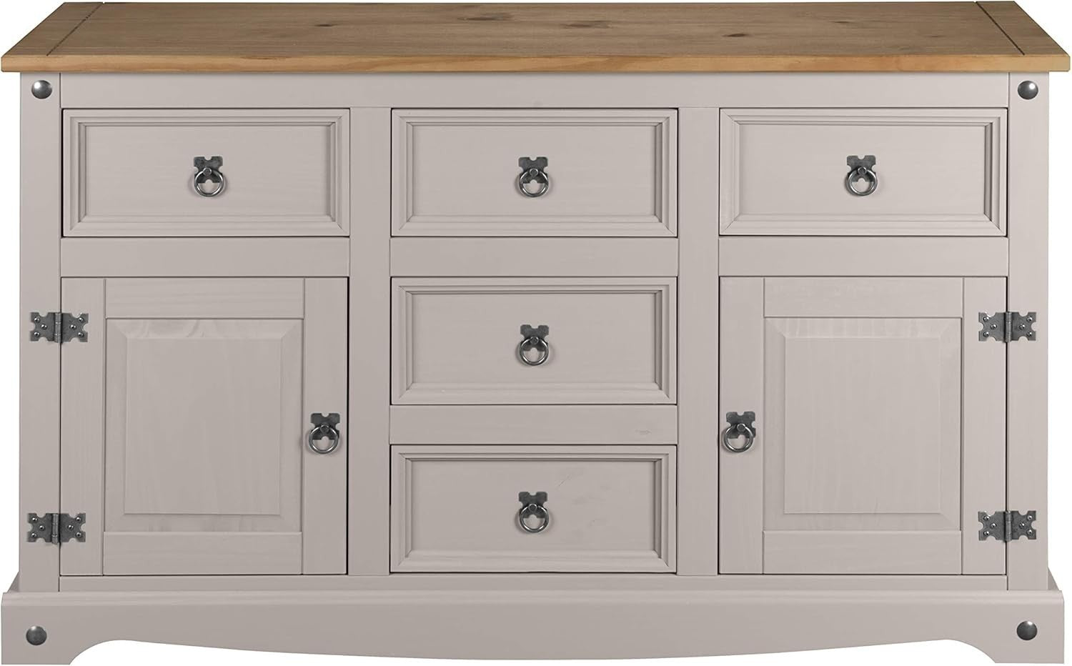 Grey Pine Sideboard Cabinet 2 Doors 5 Drawers Storage Rustic Solid Wood Unit