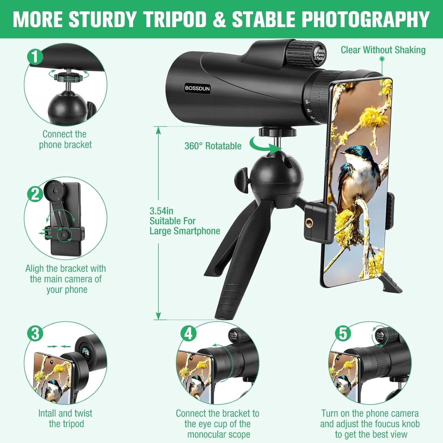10-30x50 High Power Zoom Monocular BAK4 Prism HD with Tripod & Phone Adapter