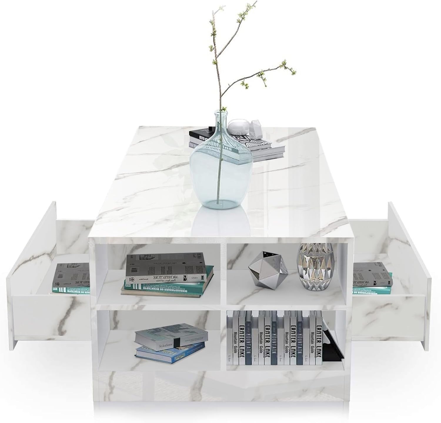 White Marble High Gloss Coffee Table with LED Lights, 2 Drawers & Storage