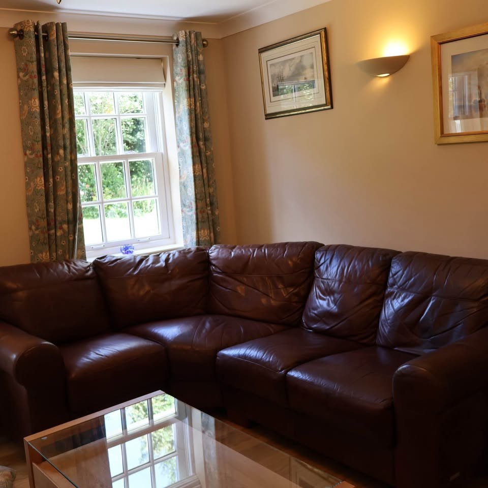 Chestnut Brown Leather Corner Sofa + Armchair + Footstool (PTP)