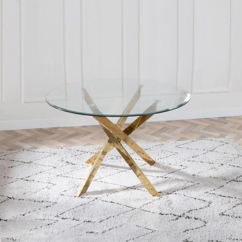 Round Glass Dining Table Set with 4 Leather Chairs & Gold Metal Legs