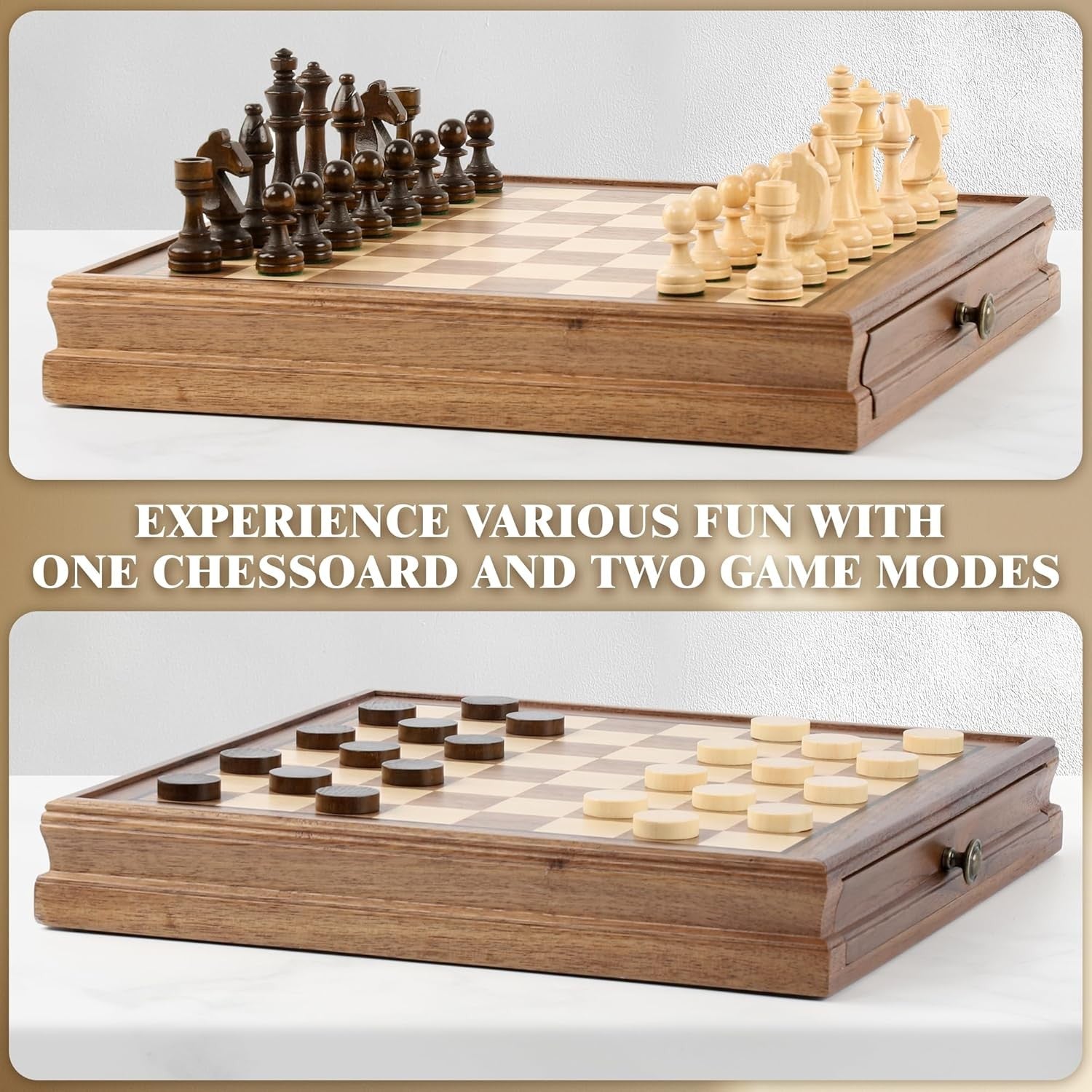 Premium Walnut Magnetic Chess Set 13” With Drawer, Staunton Pieces, 2-in-1 Board