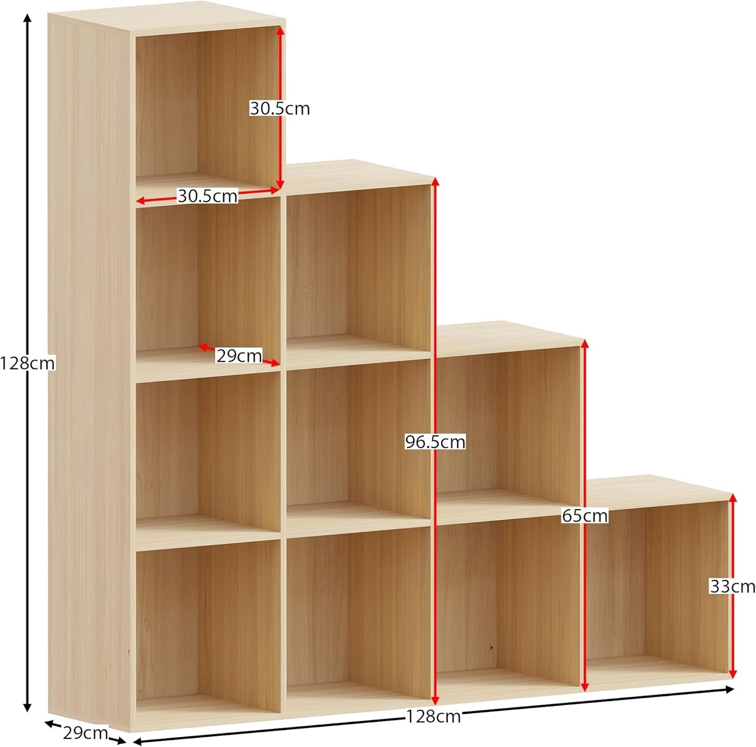Oak 10 Cube Staircase Bookcase with 5 White Baskets Modern Storage Unit