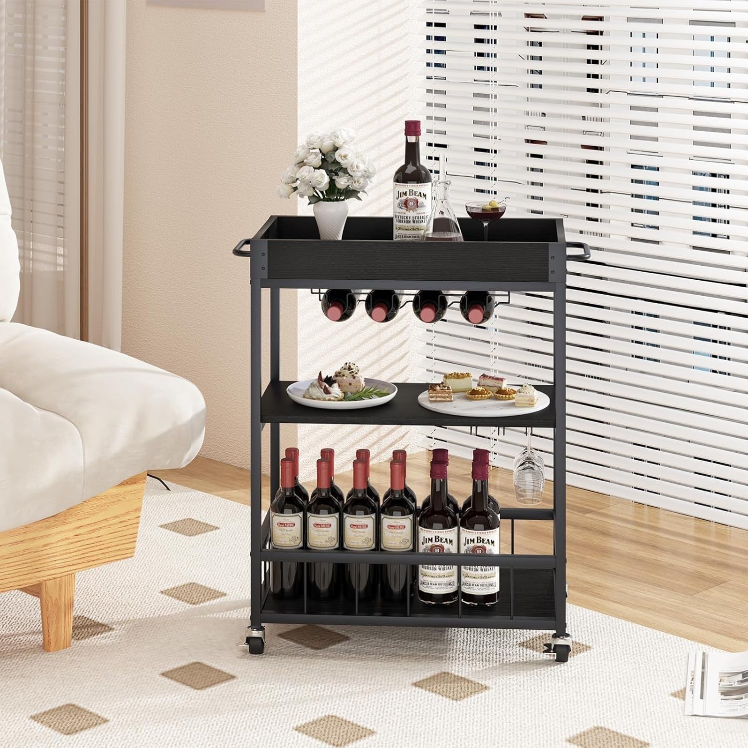 3 Tier Rolling Bar Cart with Wine Rack & Glass Holder Serving Trolley on Wheels