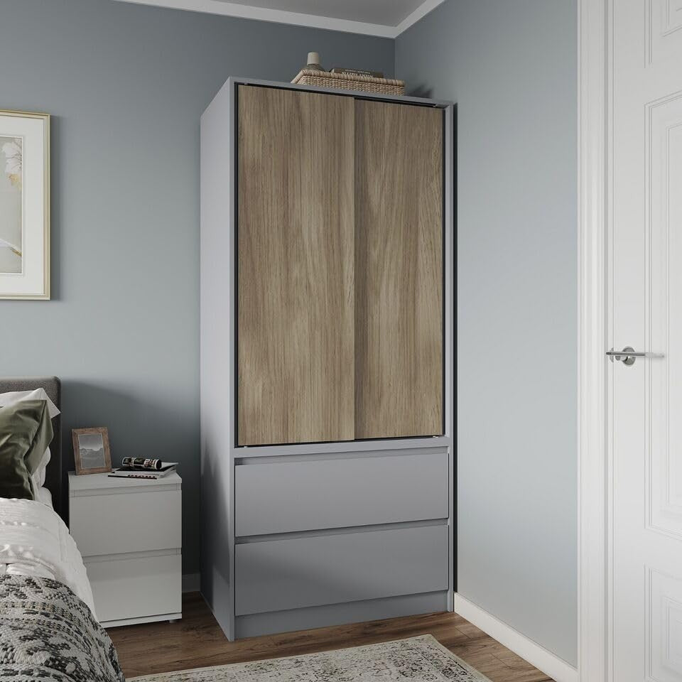 2-Door 2-Drawer Sliding Wardrobe with Hanging Rail & Silent Doors, Bedroom