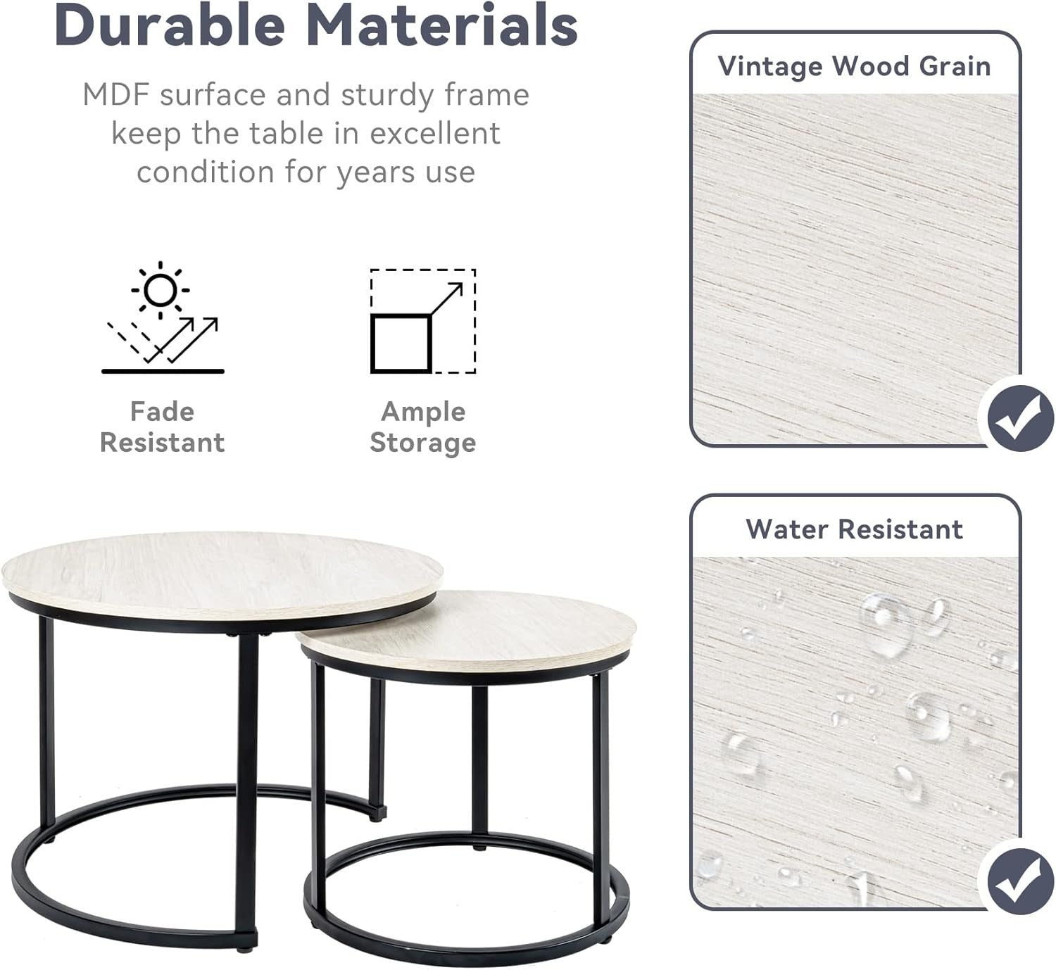 Nesting Coffee Table Set 2 Round Wood Metal Frame White Modern Industrial