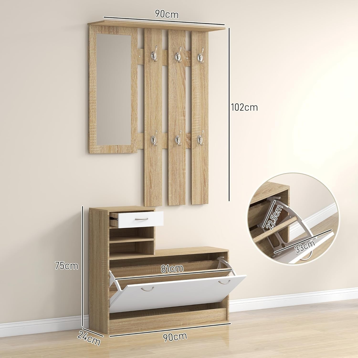 Natural Wood Hallway Furniture Set with Shoe Cabinet, Mirror & Coat Hooks