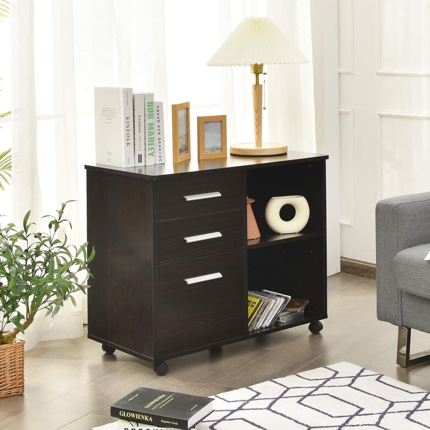 3 Drawer Mobile Filing Cabinet with Shelves Under Desk Office Storage Coffee