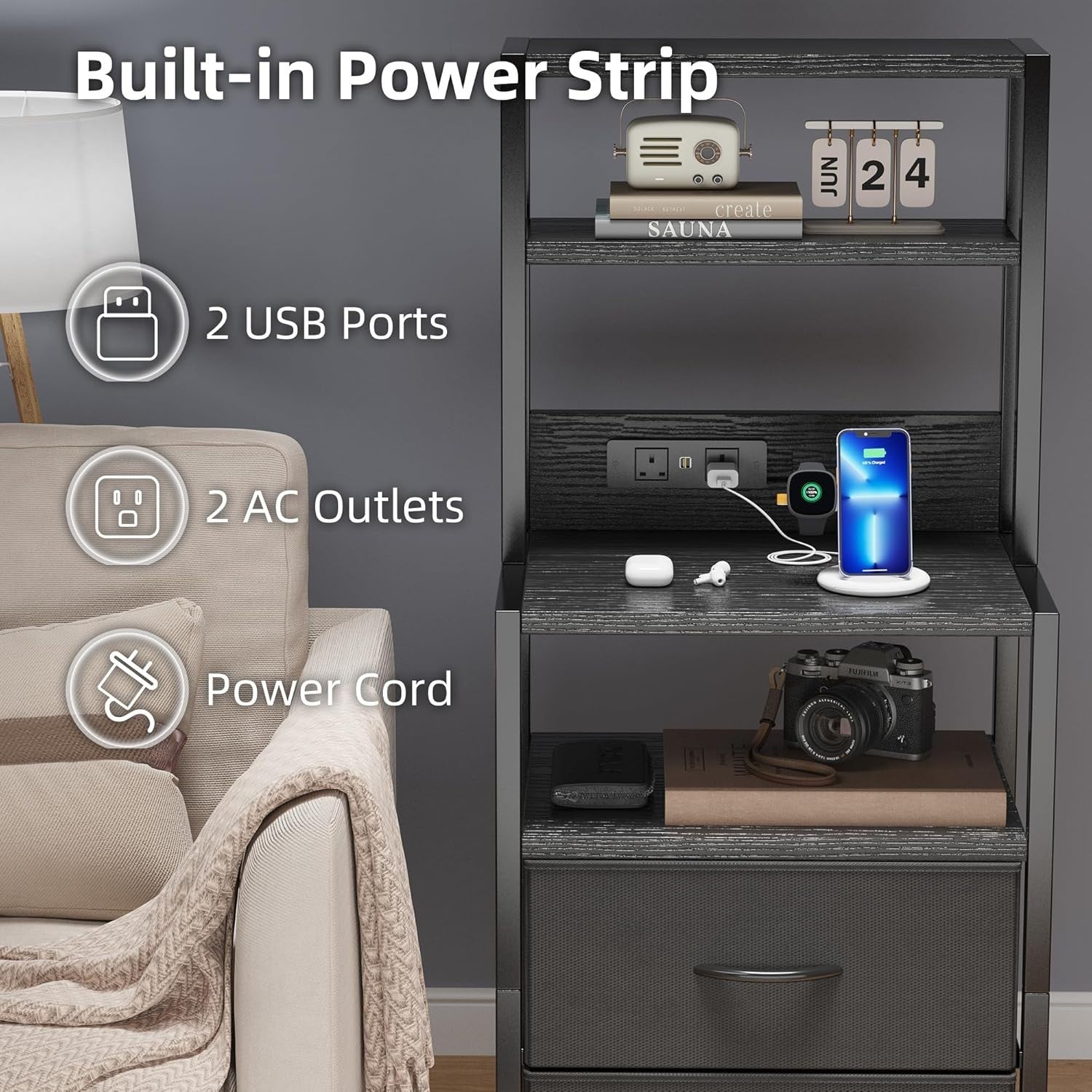 Black Bedside Table with Charging Station & LED Light, Modern Nightstand