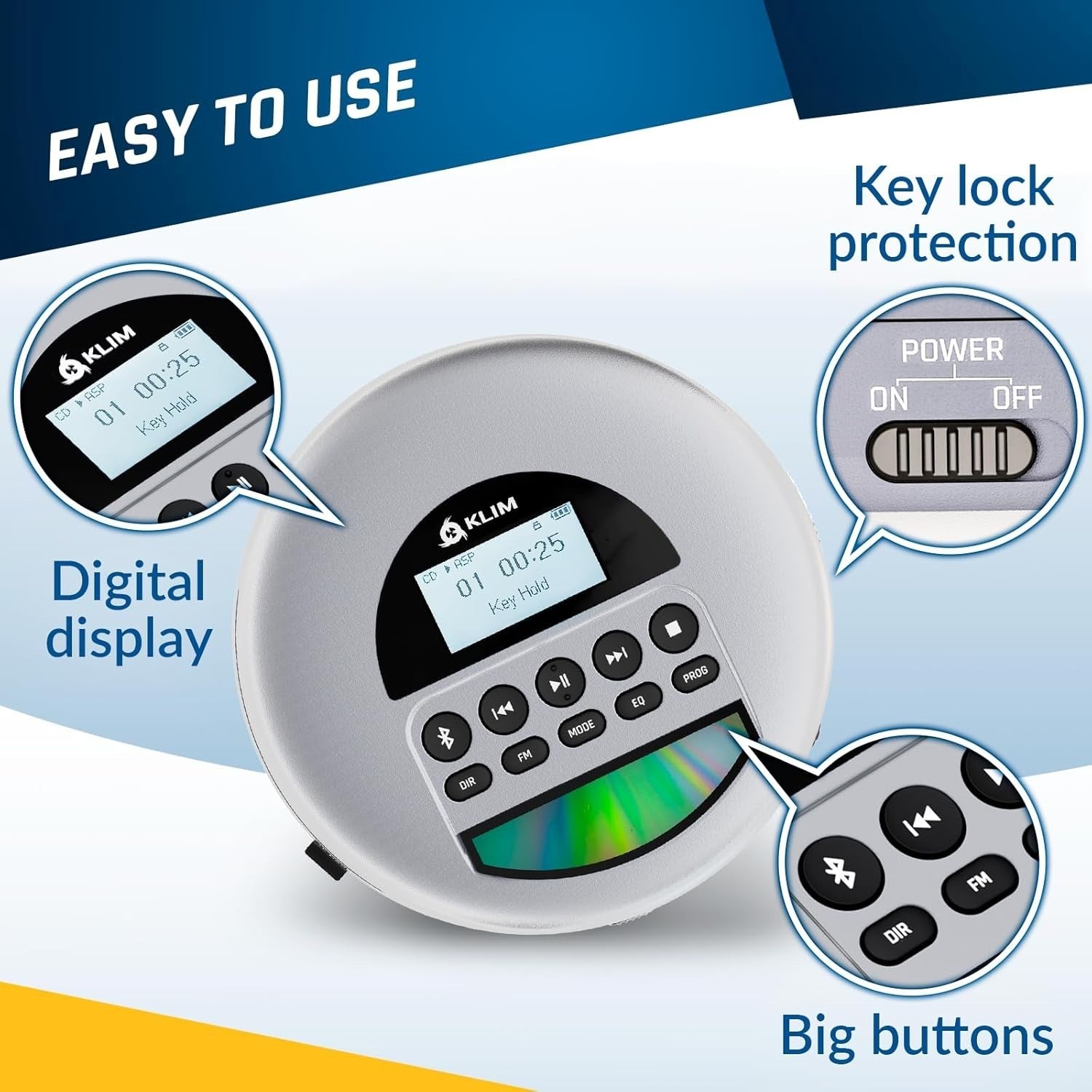 Portable CD Player Bluetooth FM Radio TF Card Rechargeable Grey w/ Earbuds