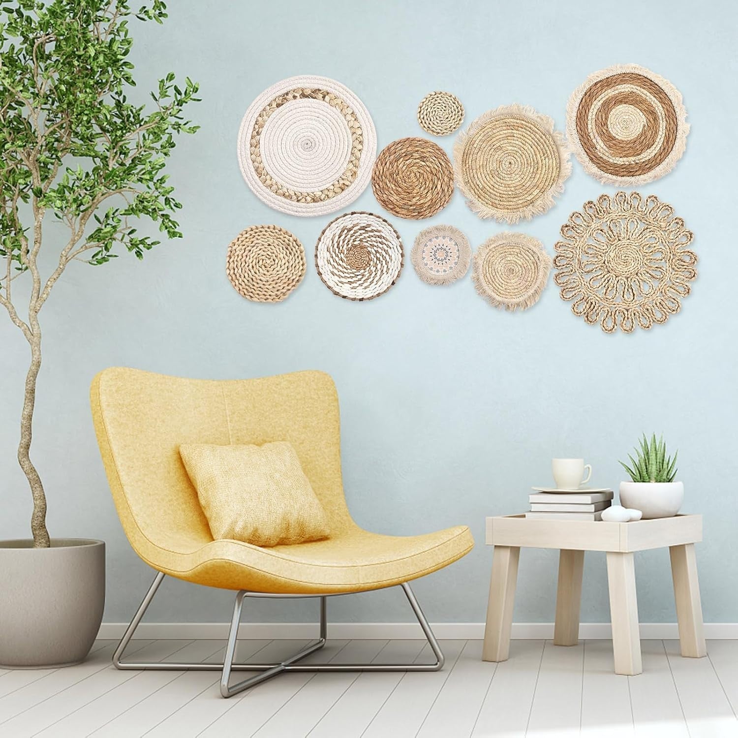 Set of 10 Boho Woven Wall Baskets Rattan Water Hyacinth Decor
