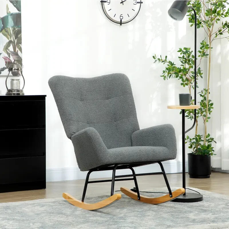 Grey Teddy Rocking Chair Armchair with Wood Base for Lounge Bedroom
