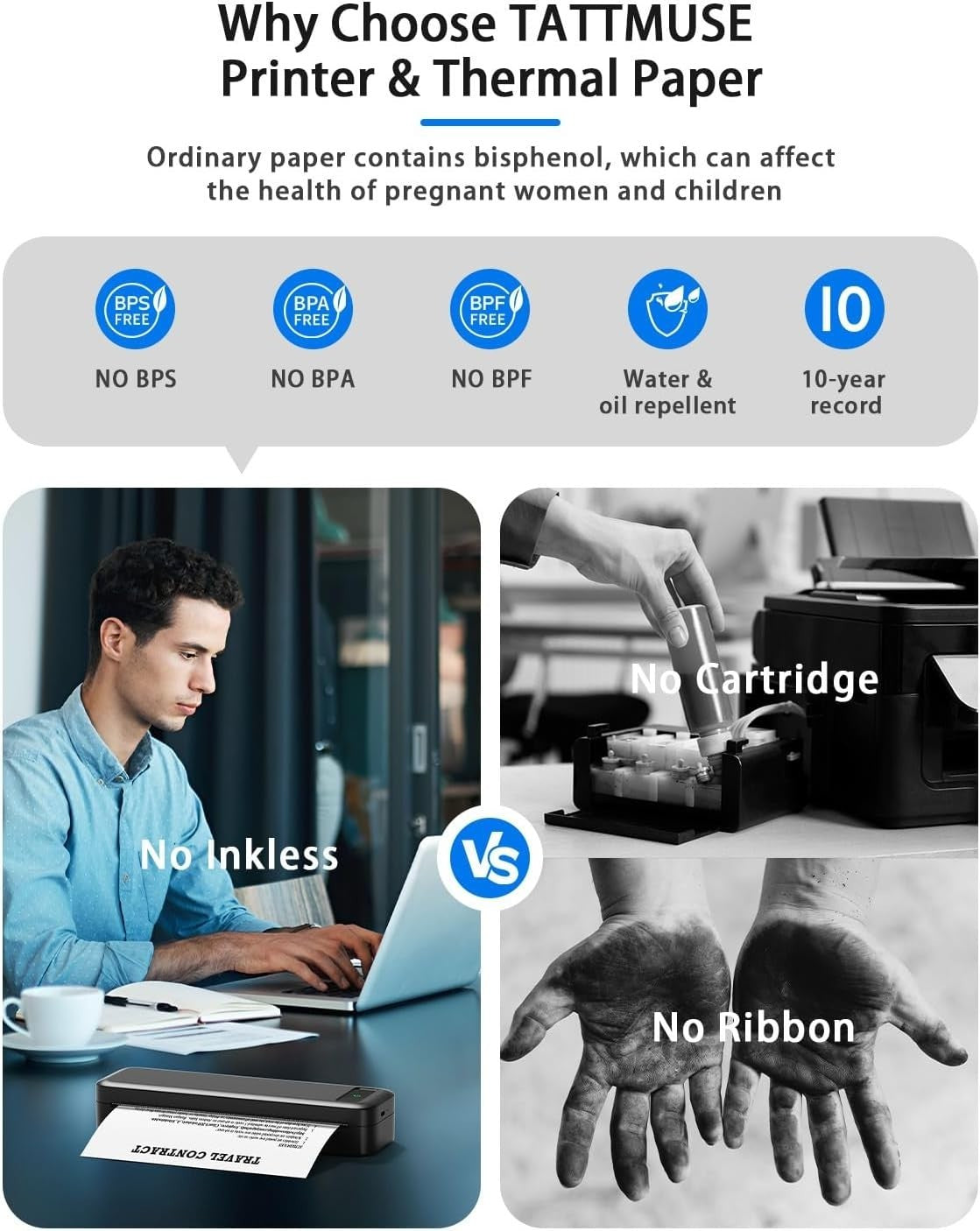 Black Portable Thermal Printer A4 Wireless Bluetooth Inkless Travel Printer