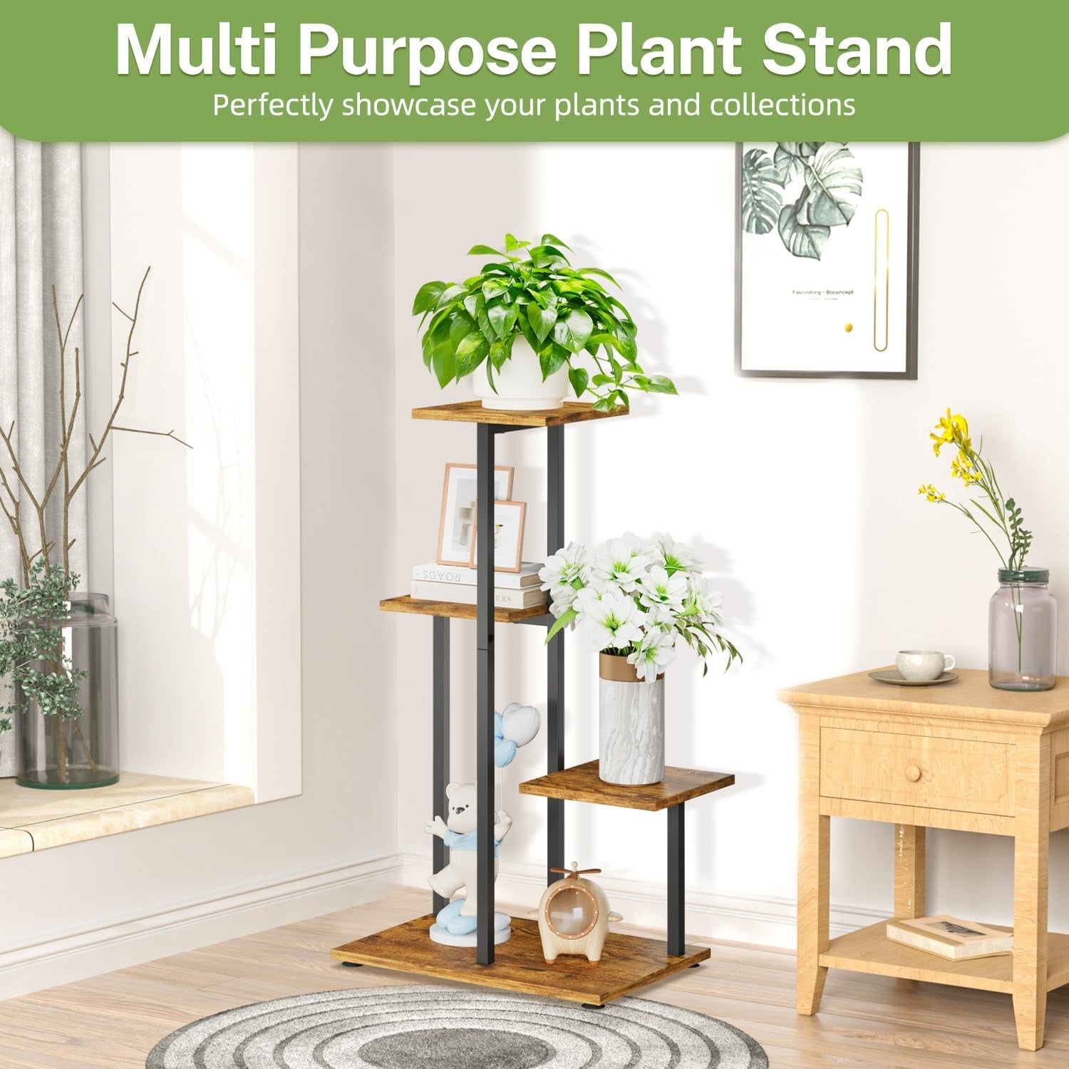 4 Tier Metal & Wood Plant Stand | Tall Corner Indoor Display Shelf for Multiple