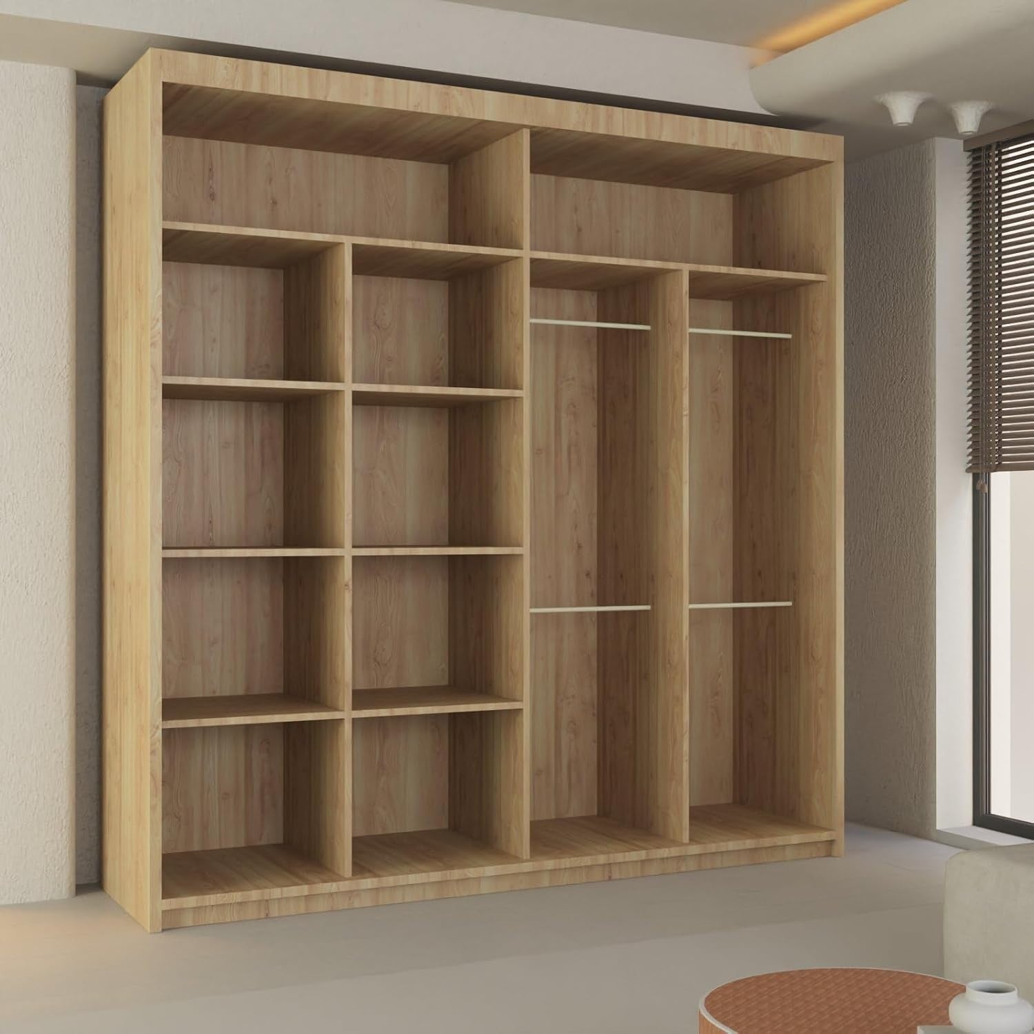 Oak Sliding Wardrobe Mirror Doors 203cm Hanging Rails Storage Modern