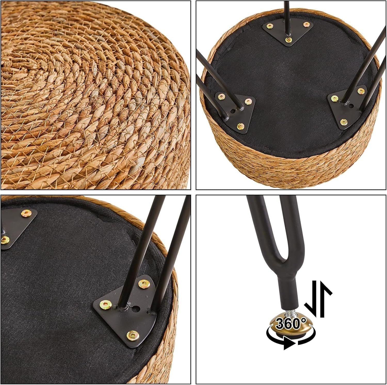 Natural Seagrass Footstool Round Woven Pastoral Stool Metal Legs 32×32×45cm