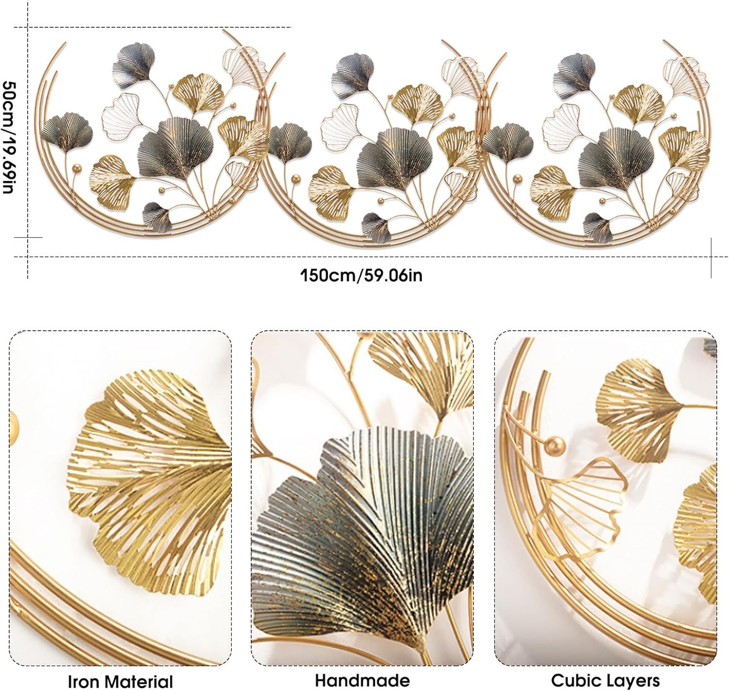 Large Gold Ginkgo Metal Wall Art 150x50cm 3D Decor