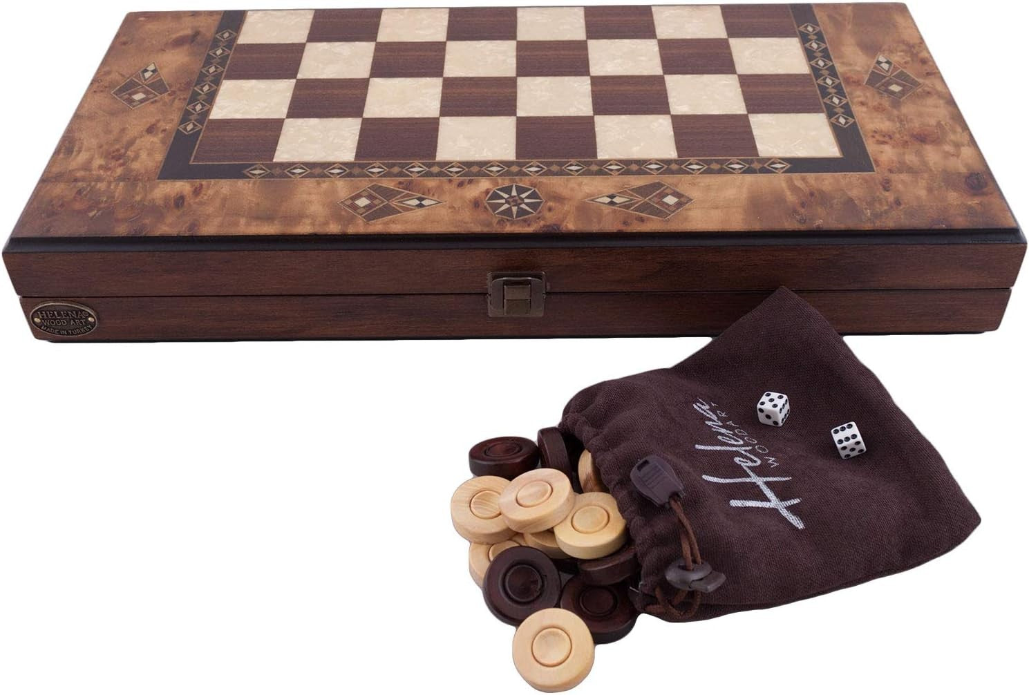 16” Wooden Backgammon Set Luxury Burl Finish Foldable Board Game