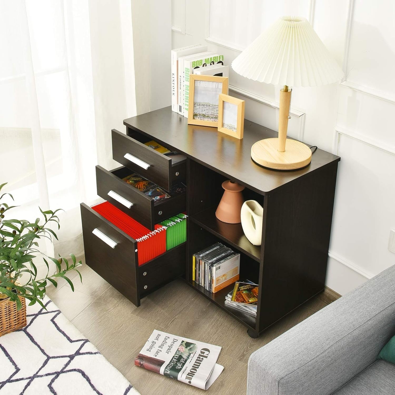 Coffee Lateral Mobile Filing Cabinet 3 Drawer Letter Printer Stand