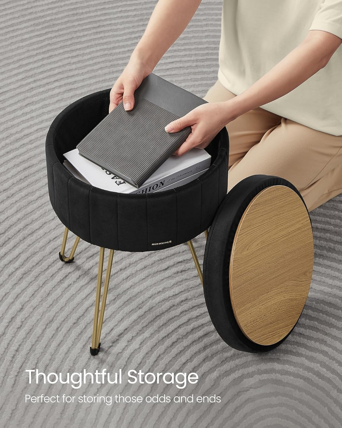 Ink Black Velvet Storage Ottoman Round Stool Dressing Table Seat 39cm