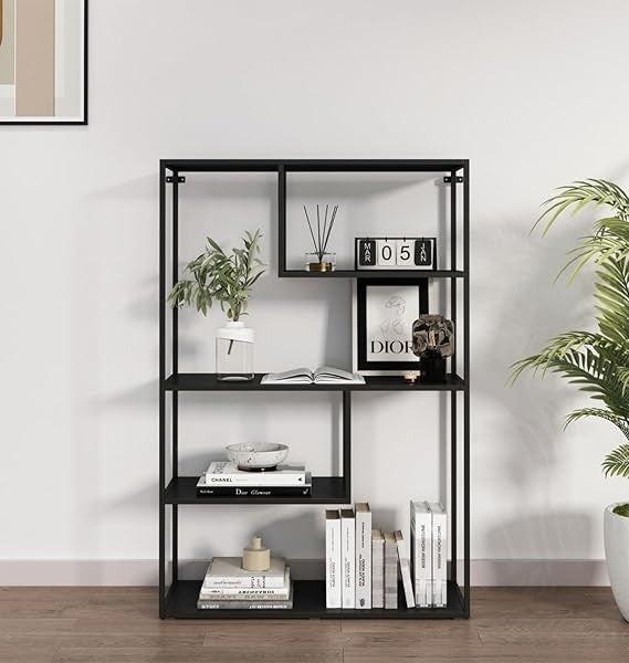 Tall Black Metal Display Shelf – 4-Tier Large Storage Unit for Living Room