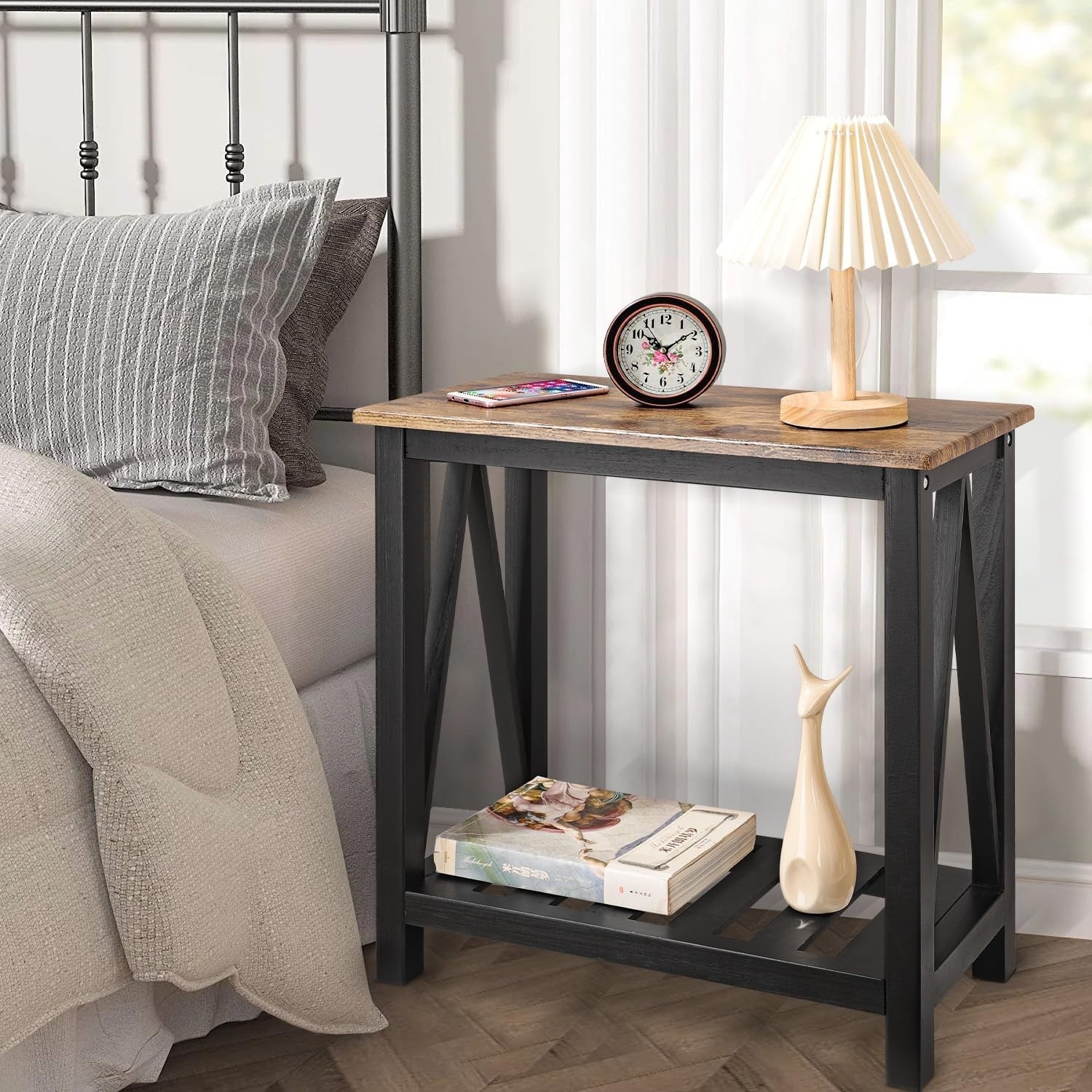 Narrow Industrial Side Table with Storage Shelf, Compact Sofa Nightstand