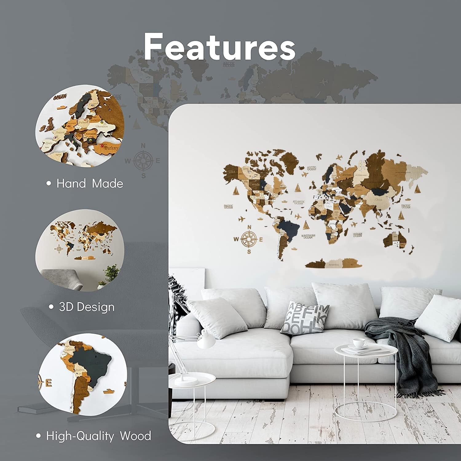 3D Wooden World Map Wall Art Large 160x85cm Travel Decor