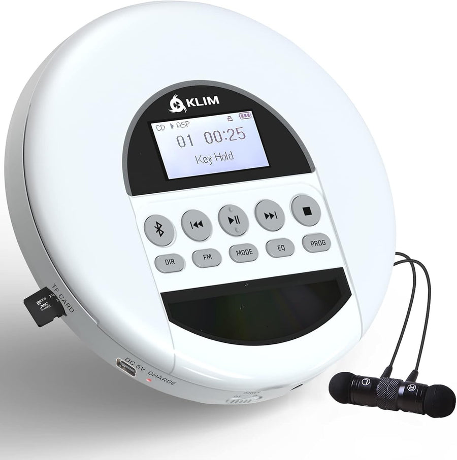 Portable CD Player Bluetooth FM Radio TF Card Rechargeable White w/ Earbuds
