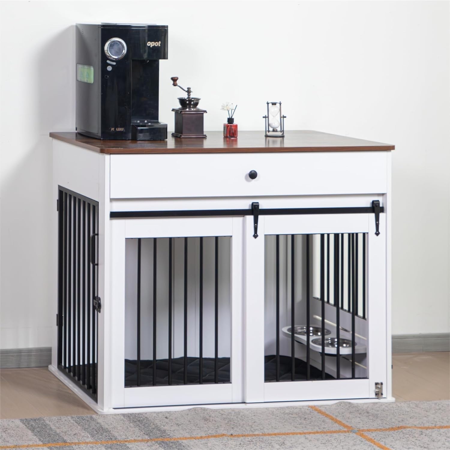 Large Indoor Wooden Dog Crate with Sliding Doors, Drawer & Rotatable Bowls
